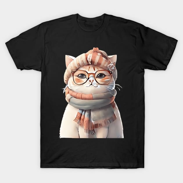 Cute Persian Cat with Glasses and Winter Clothes T-Shirt by PRINT OF ANIMAL